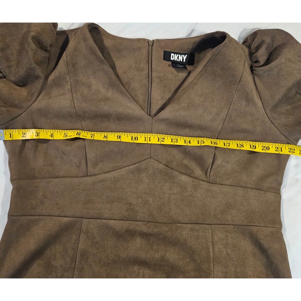 DKNY Brown Faux Suede V-Neck Puff Sleeve Mini Sheath Dress Sz 16 Party Sexy Chic - Picture 8 of 9